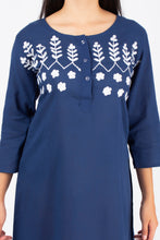 Load image into Gallery viewer, Full Sleeve Cotton Dress Kurti with 3 Button Embroidery - 1852-2 Blue