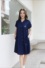 Load image into Gallery viewer, Women shirt dress Polo with side pockets-Biue