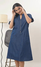 Load image into Gallery viewer, Denim Dress With Embroideried Half Sleeve Front Pocket - New 18