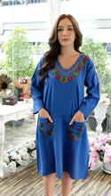 Load image into Gallery viewer, Cotton Embroiderid Vneck Dress - Blue