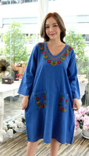Load image into Gallery viewer, Cotton Embroiderid Vneck Dress - Blue