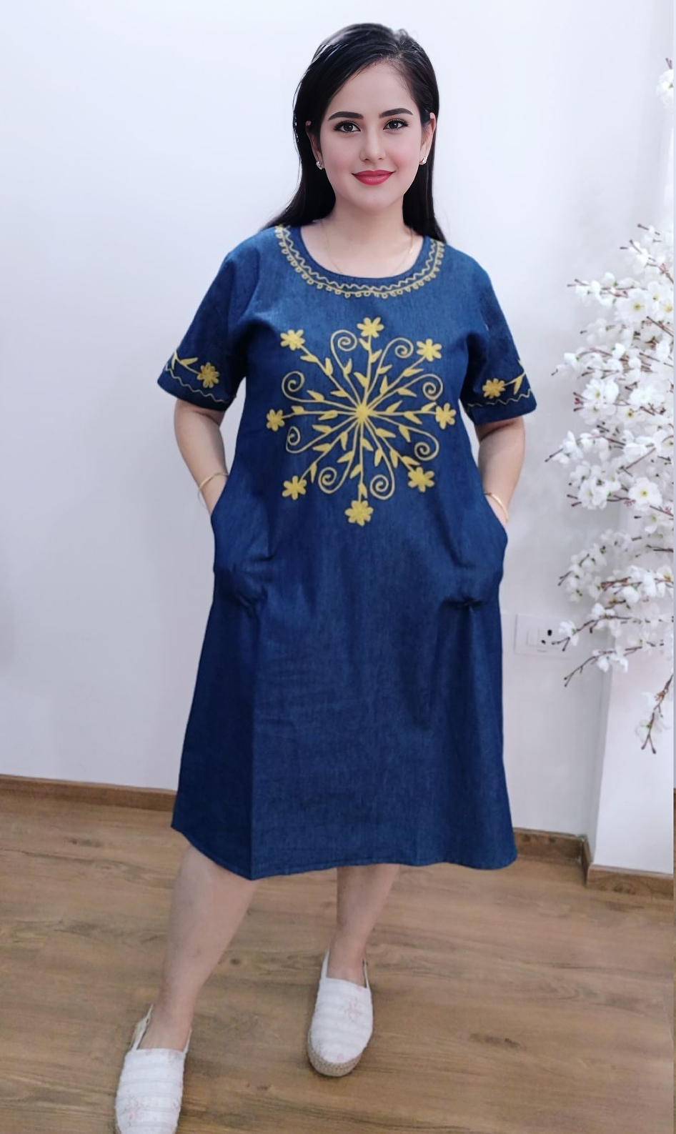 Denim dress Half Sleeve With Embroidery 1830-1A