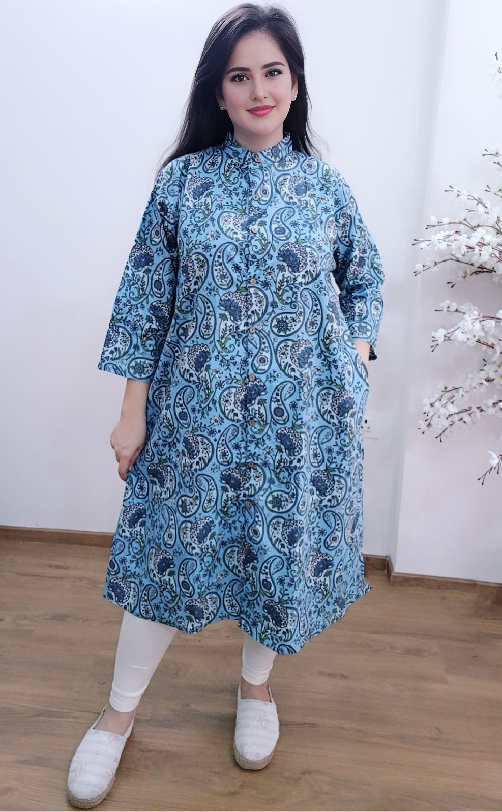 Cotton Chick Print Long Shirt Dress 4