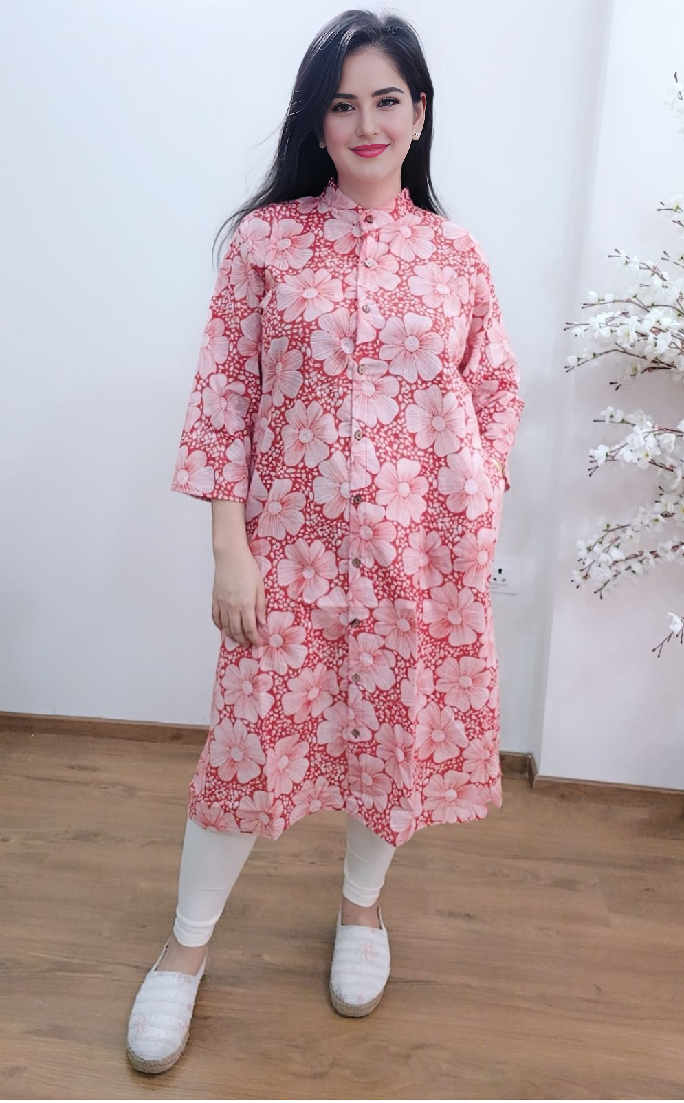 Cotton Chick Print Long Shirt Dress 3