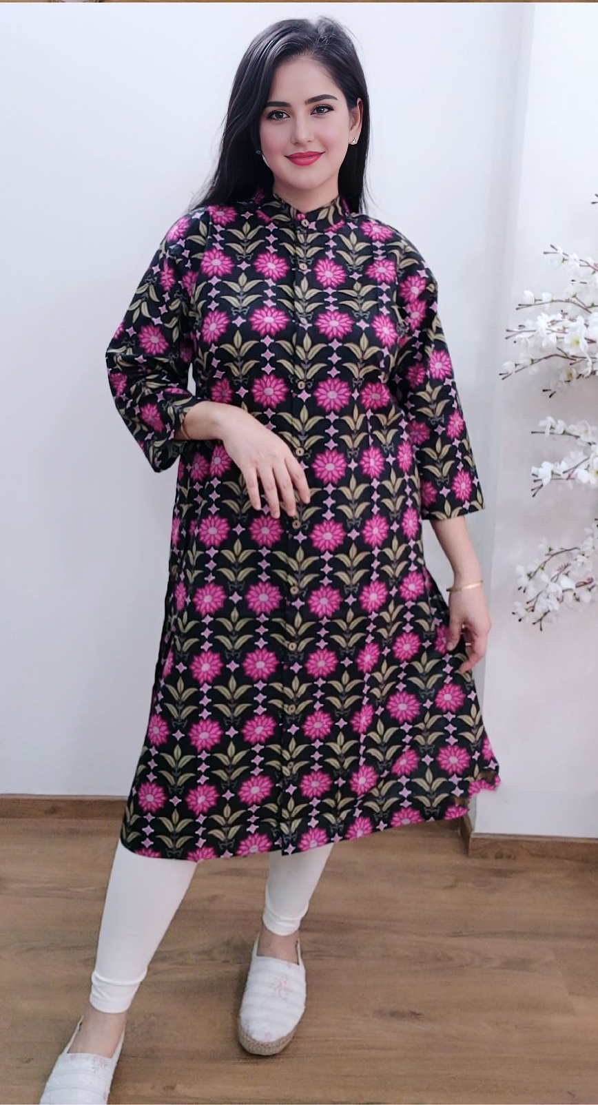 Cotton Chick Print Long Shirt Dress 1