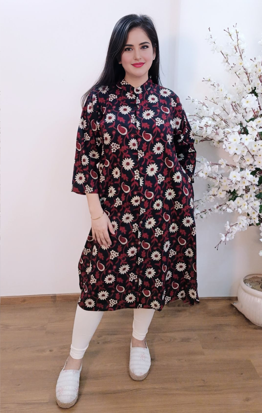 Cotton Chick Print Long Shirt Dress 9