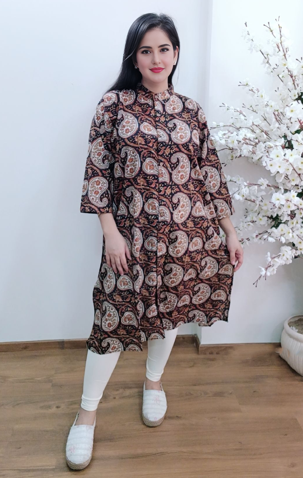 Cotton Chick Print Long Shirt Dress 10