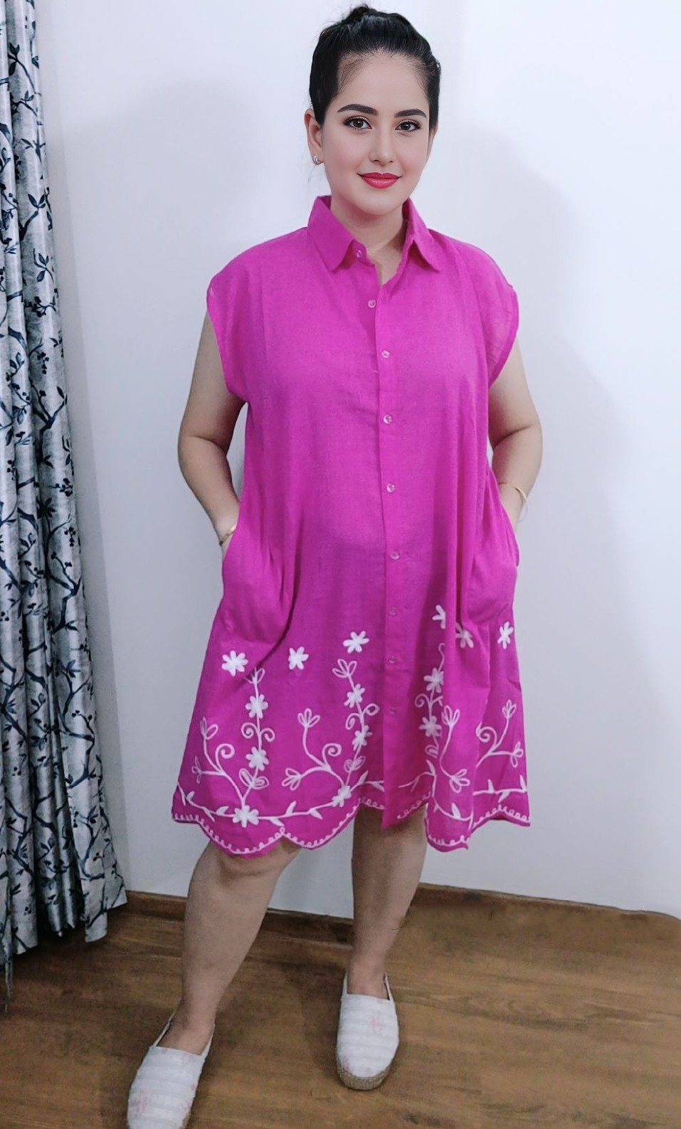Cotton Shirt Border Emb Cut Sleeves