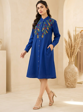 Load image into Gallery viewer, Women Embroidered Dress with Side Pockets - Blue
