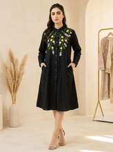Load image into Gallery viewer, Women Embroidered Dress with Side Pockets - Black

