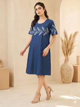 Load image into Gallery viewer, Denim Dress Half Sleeve With Embroidery - 1830
