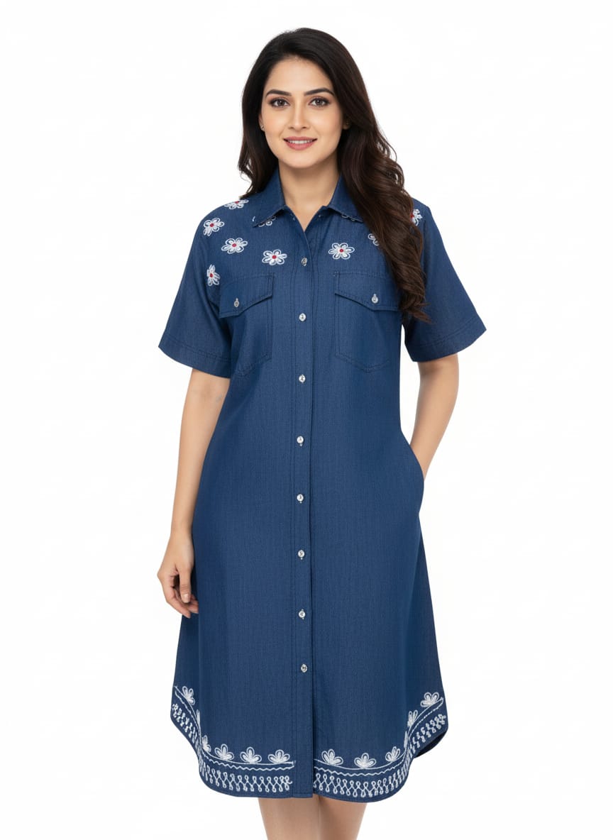 Denim dress Half Sleeve With Embroidery
