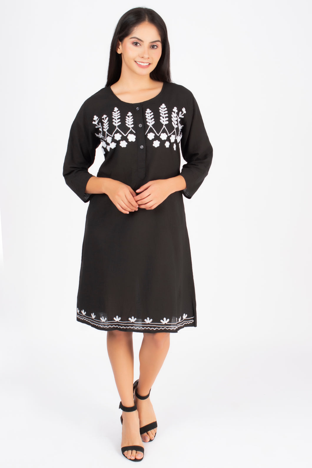 Full Sleeve Cotton Dress Kurti with 3 Button Embroidery - 1852-2 Black