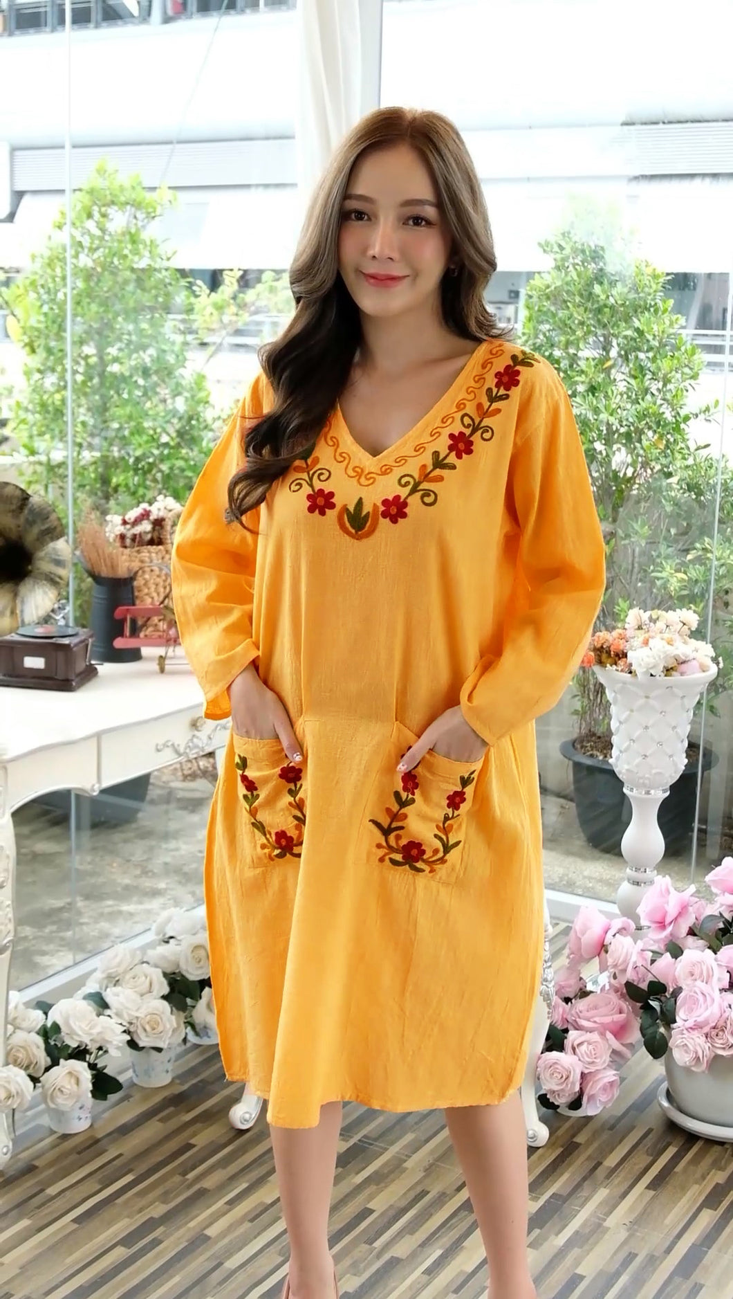 Cotton Embroiderid Vneck Dress - Yellow