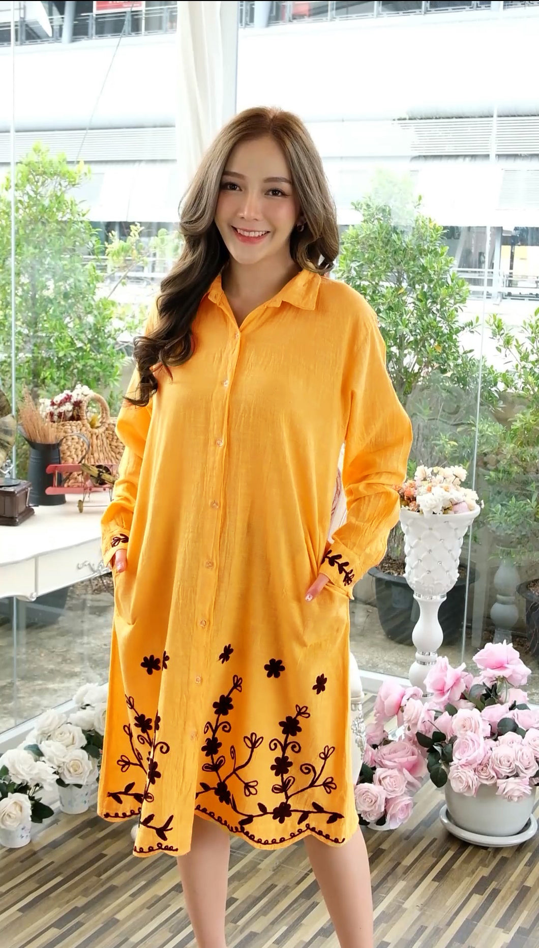 Cotton Shirt Border Emb - Yellow