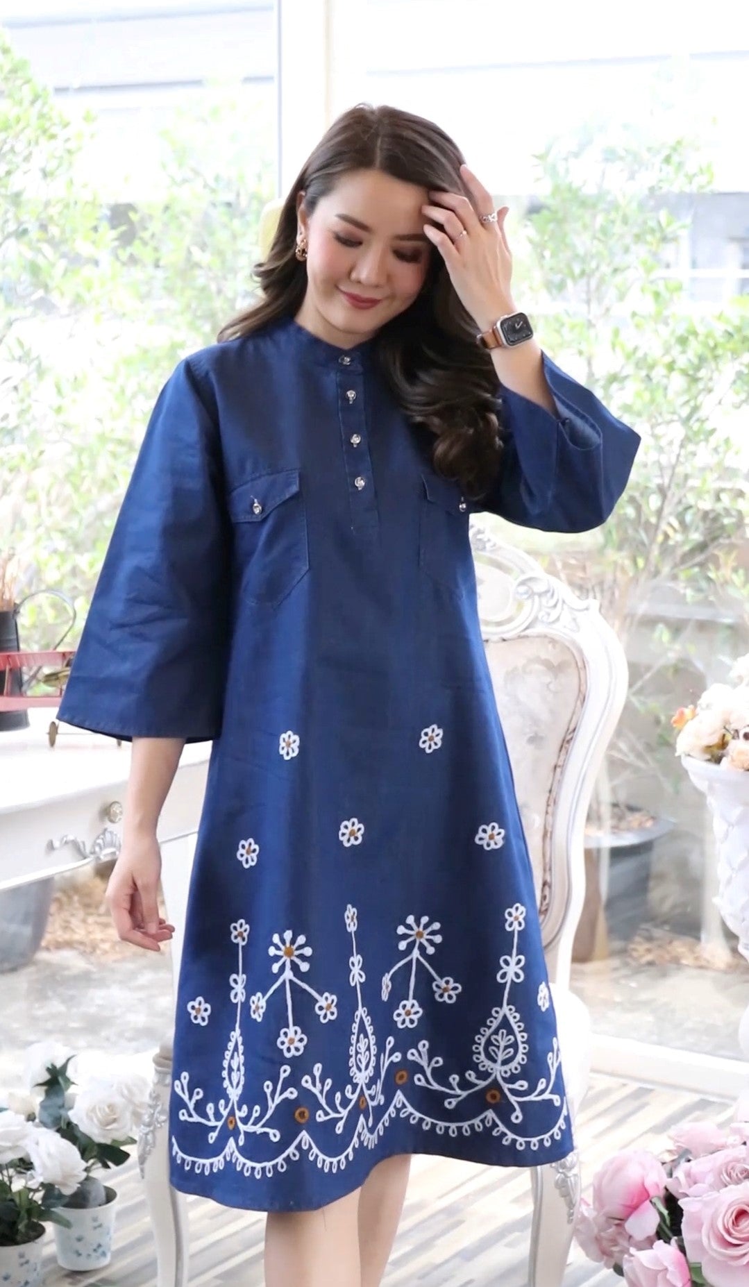 Denim Dress Chinese collar side pockets 1896 Denim Dress Chinese collar side pockets 1896