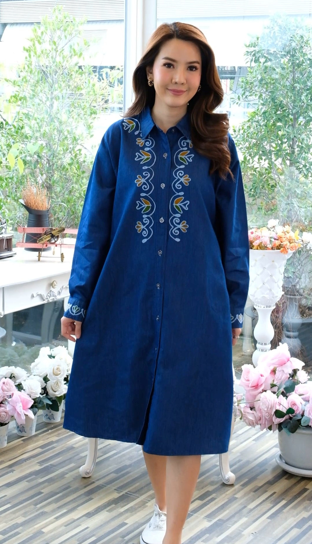 Denim Full Sleeve Long Dress with Embroidery - 8 Denim Full Sleeve Long Dress with Embroidery - 8