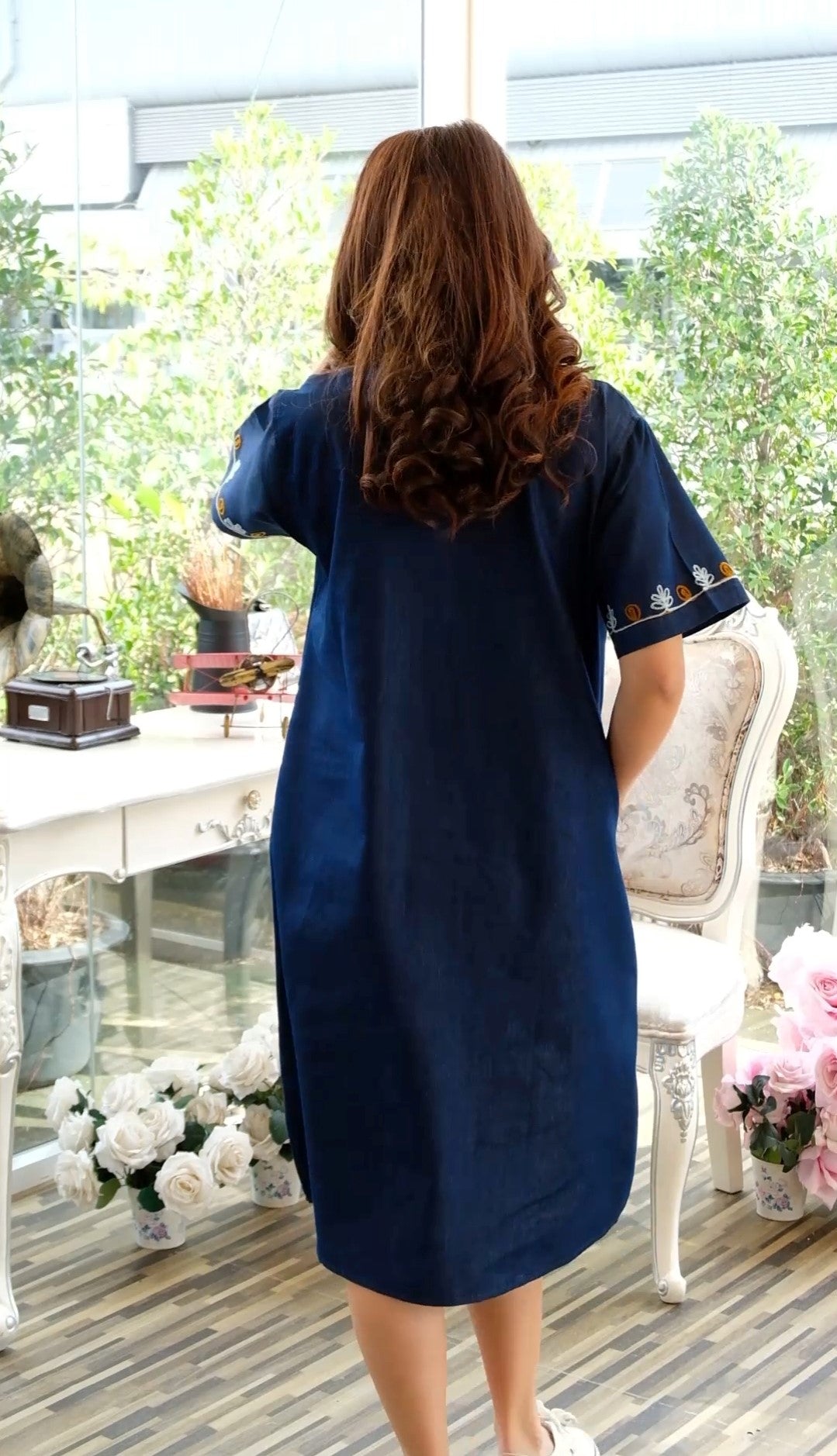 Women Retro Lapel Half Sleeve Denim Dress (Color:Blue Size:XS)