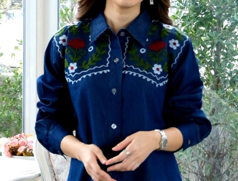 Denim Dress Full Sleeve Embroidery - 1826  Trendyfashionbysn