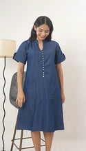 Load image into Gallery viewer, Denim Dress With Embroideried Half Sleeve Front Pocket - New 18
