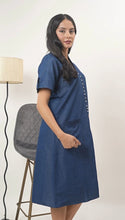 Load image into Gallery viewer, Denim Dress With Embroideried Half Sleeve Front Pocket - New 18
