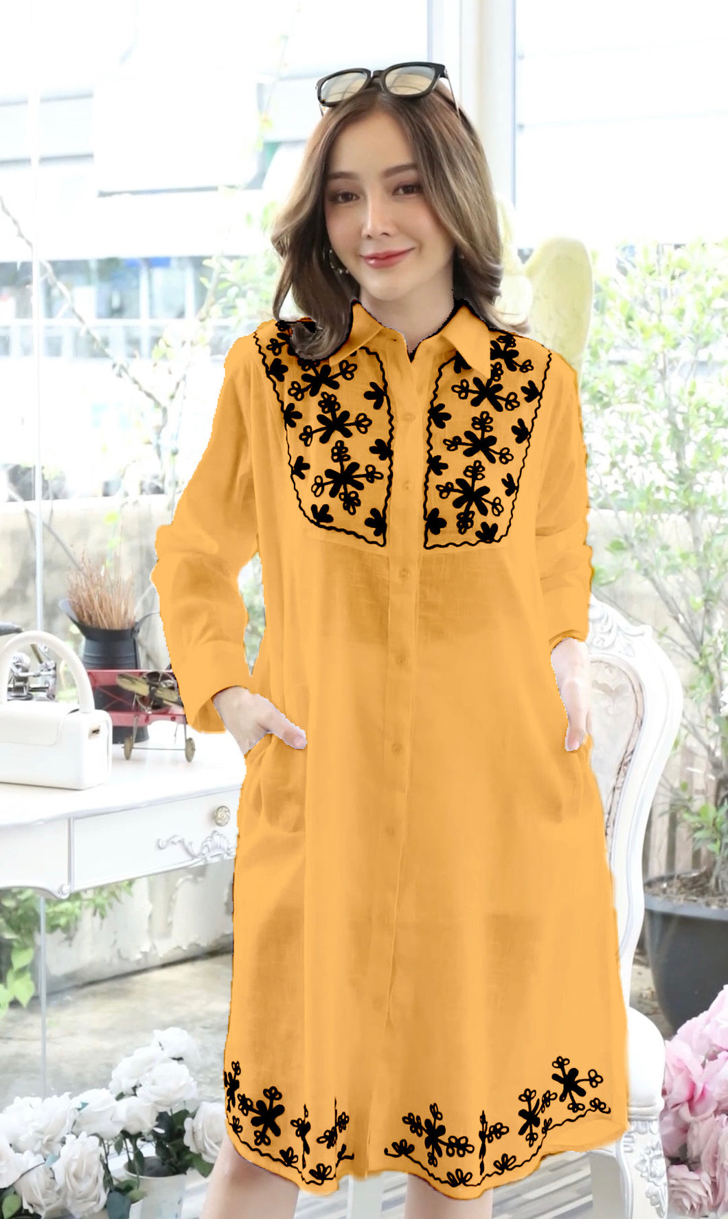 Cotton Shirt Border Emboroidery - Yellow