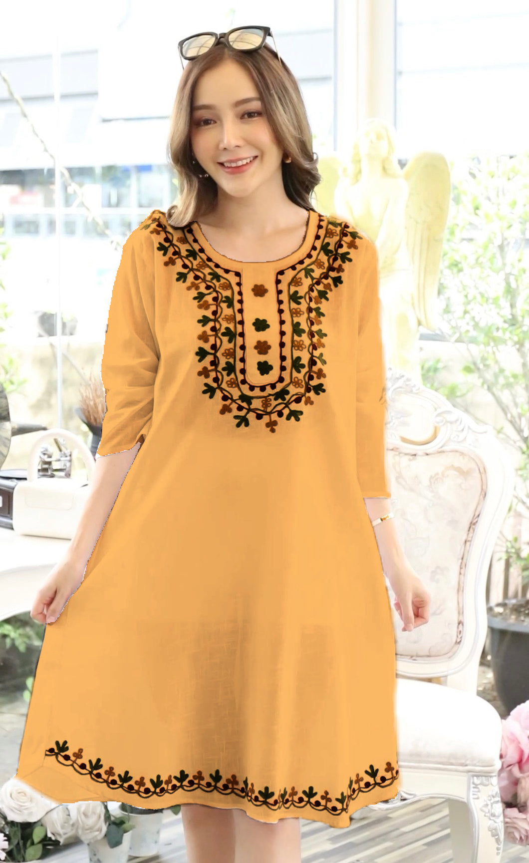 Cotton Round Neck Emb with Side Pockets - Yellow 1907
