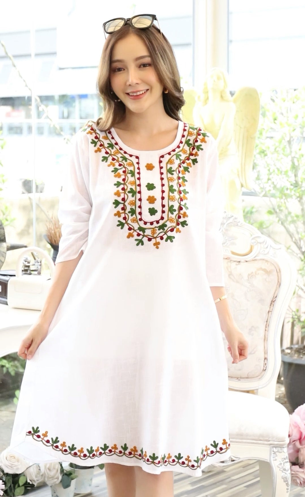 Cotton Round Neck Emb with Side Pockets - White 1907