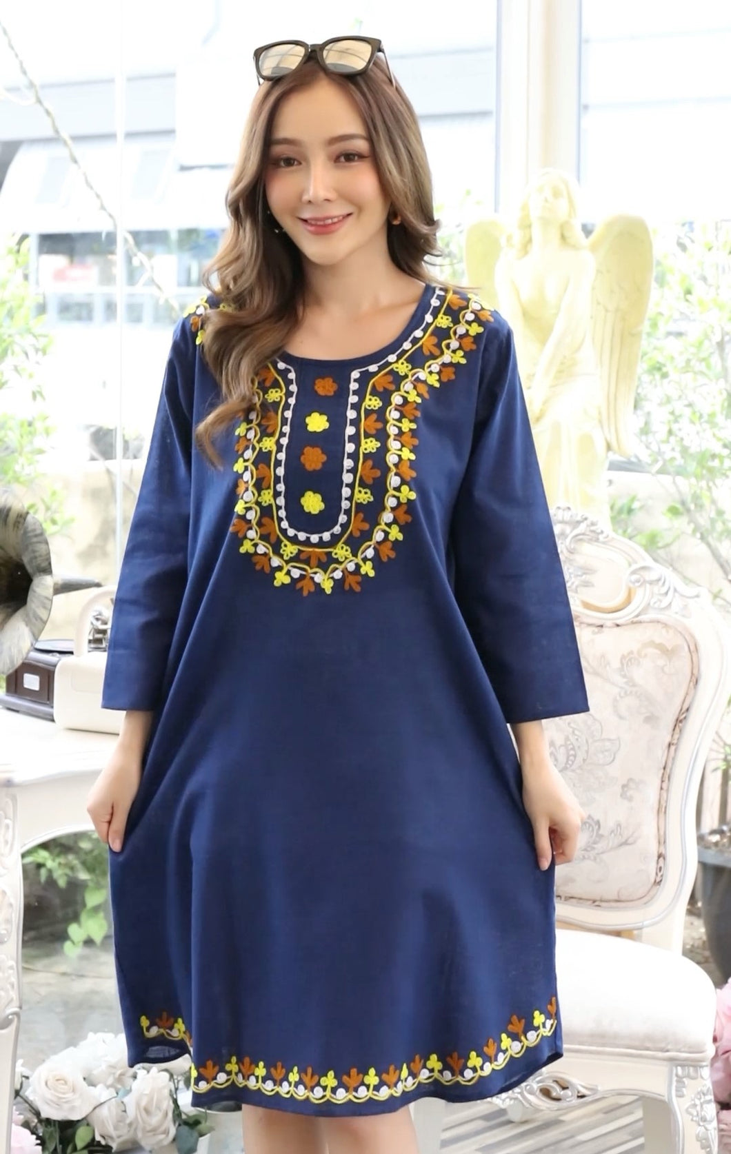 Cotton Round Neck Emb with Side Pockets - Blue 1907