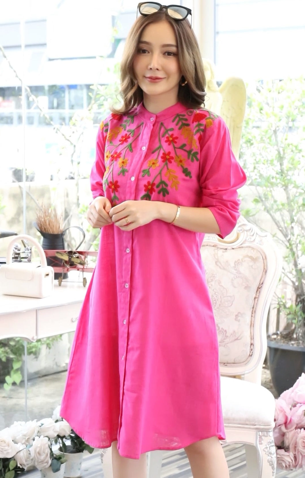 Women Embroidered Dress with Side Pockets - Pink