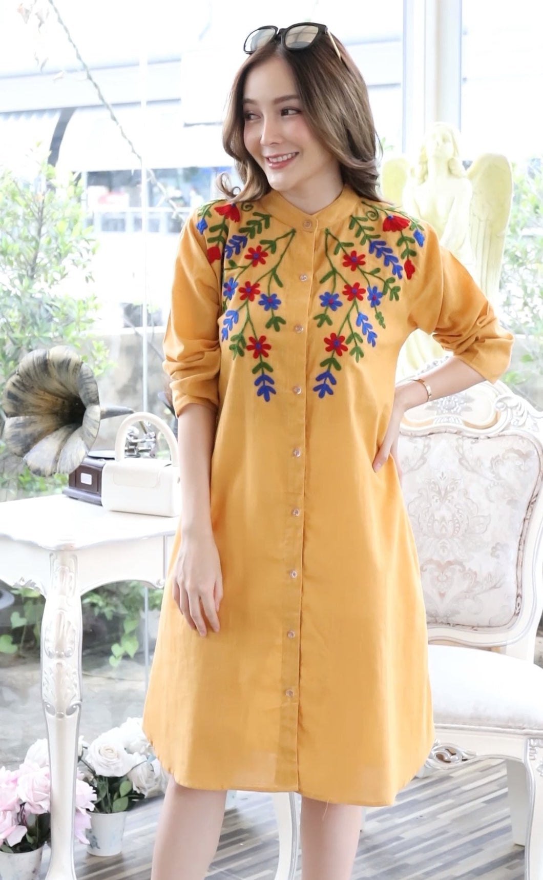 Women Embroidered Dress with Side Pockets - Yellow