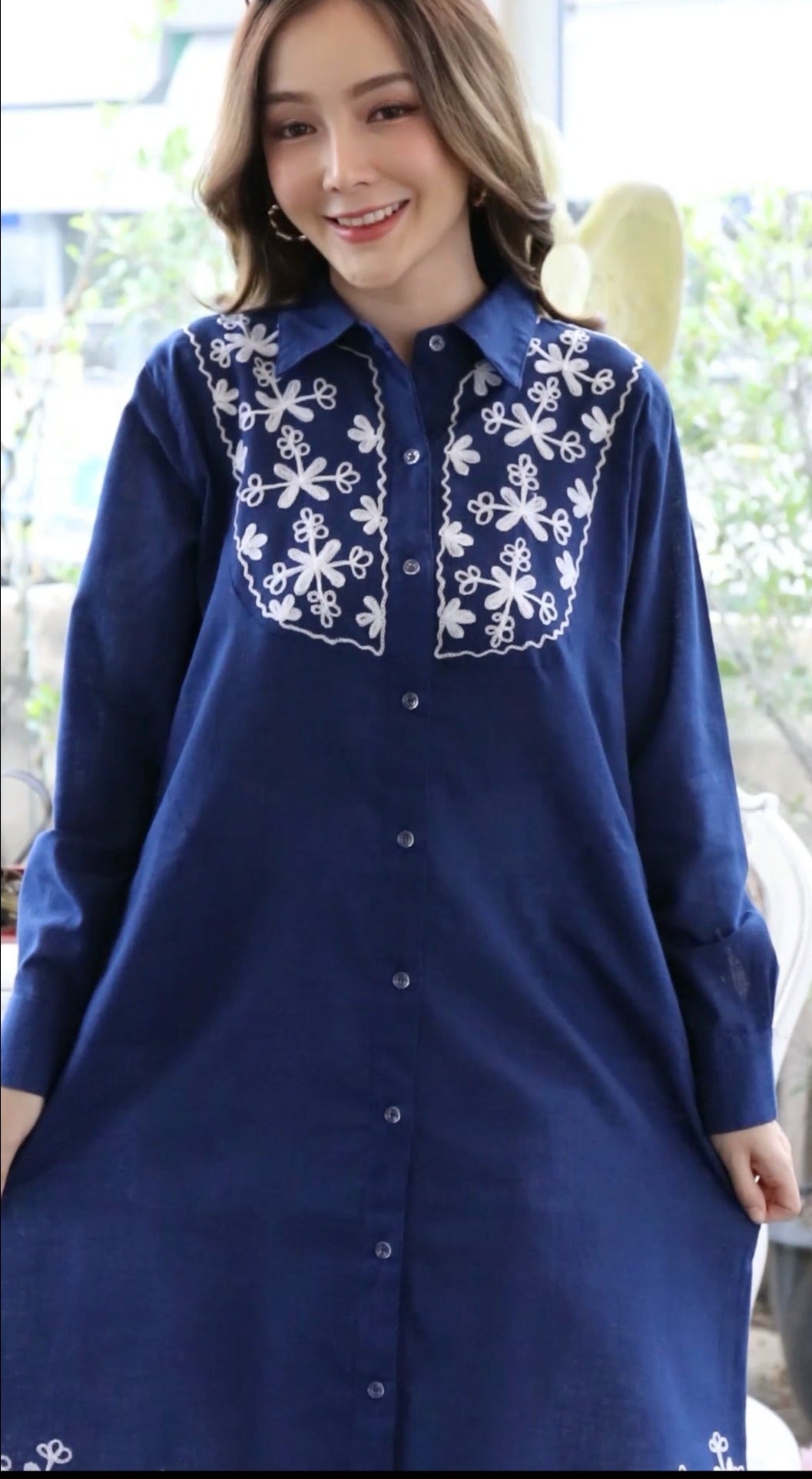 Cotton Shirt Border Emboroidery - Blue